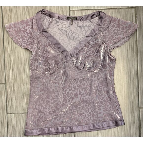 Daisy Fuentes Moda Gray Sheer Satin Trim Babydoll Blouse Velvet Burnout Small - Picture 1 of 5